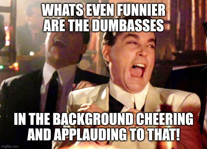 Good Fellas Hilarious Meme | WHATS EVEN FUNNIER ARE THE DUMBASSES IN THE BACKGROUND CHEERING AND APPLAUDING TO THAT! | image tagged in memes,good fellas hilarious | made w/ Imgflip meme maker
