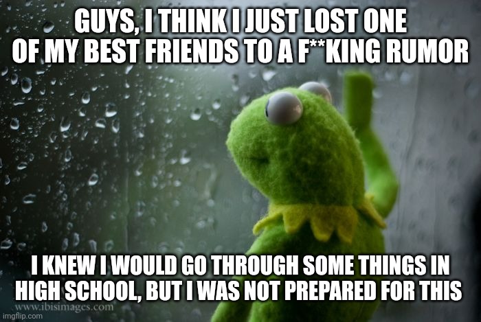 I'm sorry for all the sad memes, but I make memes when sad | GUYS, I THINK I JUST LOST ONE OF MY BEST FRIENDS TO A F**KING RUMOR; I KNEW I WOULD GO THROUGH SOME THINGS IN HIGH SCHOOL, BUT I WAS NOT PREPARED FOR THIS | image tagged in kermit window,memes,sad,not funny,funny | made w/ Imgflip meme maker