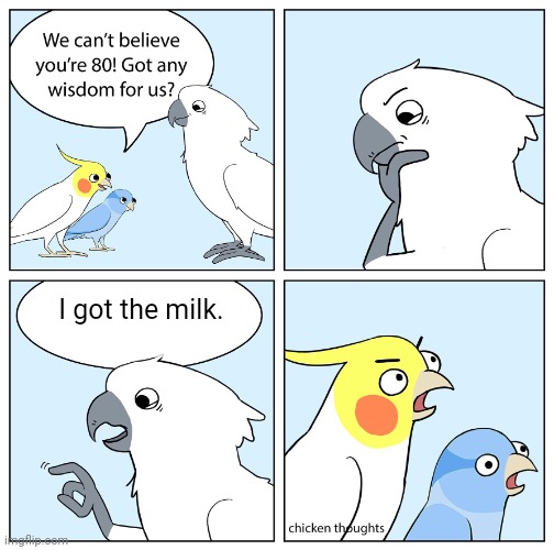 :D | I got the milk. | image tagged in chicken thoughts the wise old bird | made w/ Imgflip meme maker