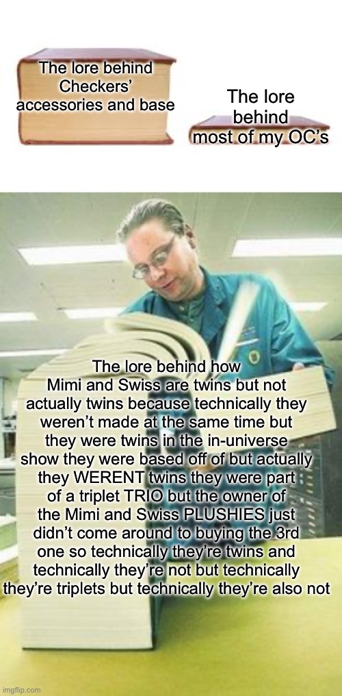 BRUV talking abt my ocs | The lore behind Checkers’ accessories and base; The lore behind most of my OC’s; The lore behind how Mimi and Swiss are twins but not actually twins because technically they weren’t made at the same time but they were twins in the in-universe show they were based off of but actually they WERENT twins they were part of a triplet TRIO but the owner of the Mimi and Swiss PLUSHIES just didn’t come around to buying the 3rd one so technically they’re twins and technically they’re not but technically they’re triplets but technically they’re also not | image tagged in big book small book,big book | made w/ Imgflip meme maker