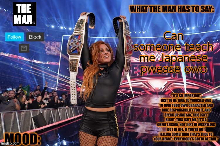 THE MAN Becky Lynch (Better format) | Can someone teach me Japanese pwease owo | image tagged in the man becky lynch better format | made w/ Imgflip meme maker