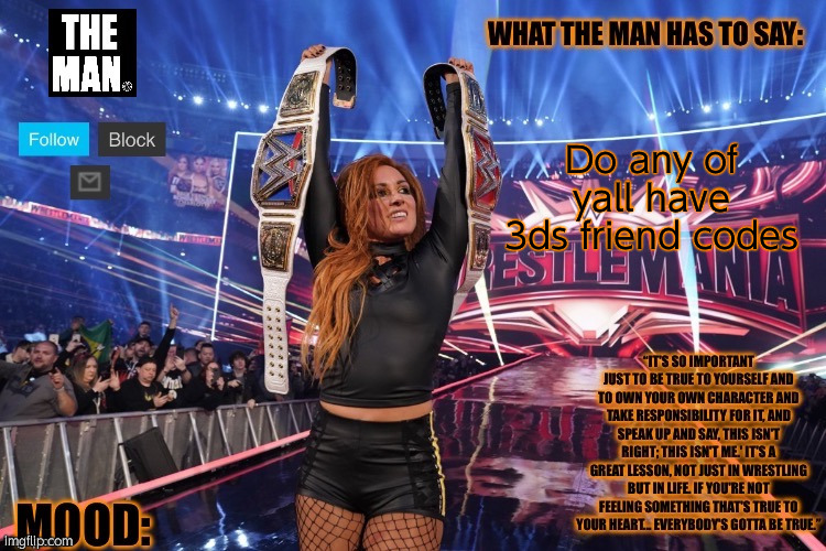 THE MAN Becky Lynch (Better format) | Do any of yall have 3ds friend codes | image tagged in the man becky lynch better format | made w/ Imgflip meme maker