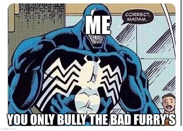 VENOM SAYS "CORRECT MADAM" | ME YOU ONLY BULLY THE BAD FURRY'S | image tagged in venom says correct madam | made w/ Imgflip meme maker