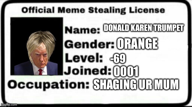 Meme Stealing License | DONALD KAREN TRUMPET; ORANGE; -69; 0001; SHAGING UR MUM | image tagged in meme stealing license | made w/ Imgflip meme maker
