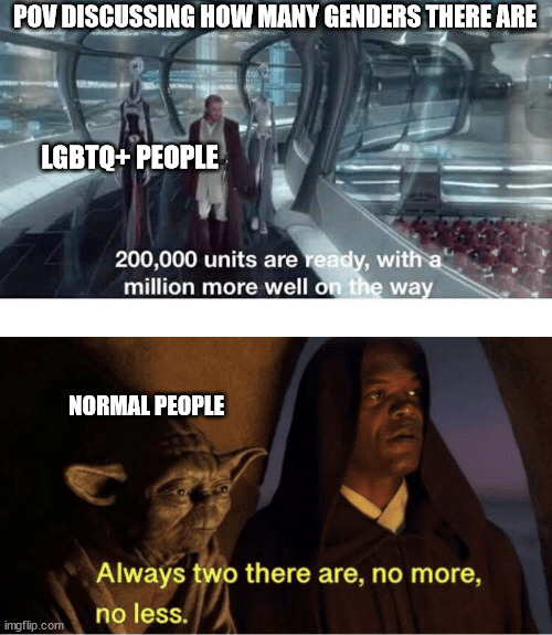 POV DISCUSSING HOW MANY GENDERS THERE ARE; LGBTQ+ PEOPLE; NORMAL PEOPLE | image tagged in 20000 units ready and a million more on the way | made w/ Imgflip meme maker