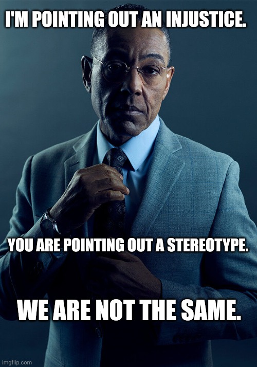 Pound sand. | I'M POINTING OUT AN INJUSTICE. YOU ARE POINTING OUT A STEREOTYPE. WE ARE NOT THE SAME. | image tagged in gus fring we are not the same | made w/ Imgflip meme maker