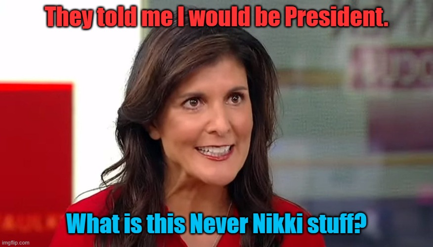 What good are your promises of power? Just give me the money.you promised me. | They told me I would be President. What is this Never Nikki stuff? | image tagged in nikki haley | made w/ Imgflip meme maker