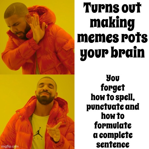 Use It Or Lose It | Turns out
making memes rots your brain; You forget how to spell, punctuate and how to formulate a complete sentence | image tagged in memes,drake hotline bling,funny because it's true,writers,brain rot,do you are have stupid | made w/ Imgflip meme maker