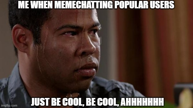 sweating bullets | ME WHEN MEMECHATTING POPULAR USERS; JUST BE COOL, BE COOL, AHHHHHHH | image tagged in sweating bullets | made w/ Imgflip meme maker