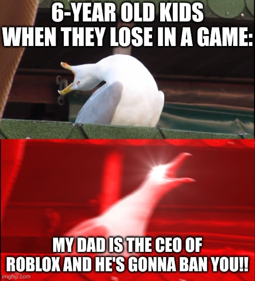 zOMG HAXOR!!! | 6-YEAR OLD KIDS WHEN THEY LOSE IN A GAME:; MY DAD IS THE CEO OF ROBLOX AND HE'S GONNA BAN YOU!! | image tagged in screaming bird | made w/ Imgflip meme maker