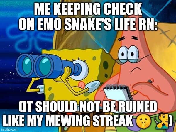Spy | ME KEEPING CHECK ON EMO SNAKE'S LIFE RN: (IT SHOULD NOT BE RUINED LIKE MY MEWING STREAK ??‍♂️) | image tagged in spy | made w/ Imgflip meme maker