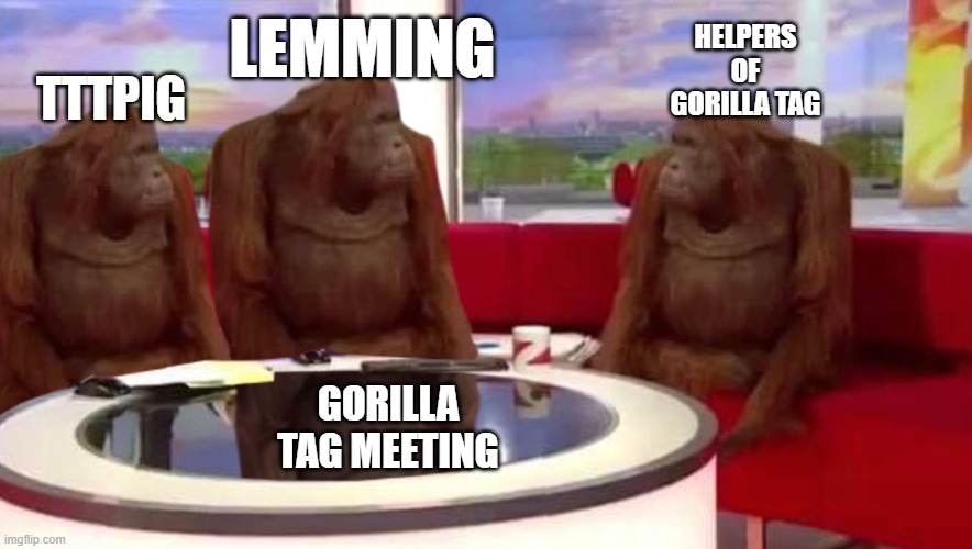 Gorilla tag meeting | HELPERS OF GORILLA TAG; LEMMING; TTTPIG; GORILLA TAG MEETING | image tagged in where monkey,gorilla tag | made w/ Imgflip meme maker