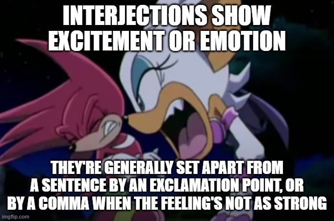 rouge yelling at knuckles | INTERJECTIONS SHOW EXCITEMENT OR EMOTION; THEY'RE GENERALLY SET APART FROM A SENTENCE BY AN EXCLAMATION POINT, OR BY A COMMA WHEN THE FEELING'S NOT AS STRONG | image tagged in rouge yelling at knuckles | made w/ Imgflip meme maker