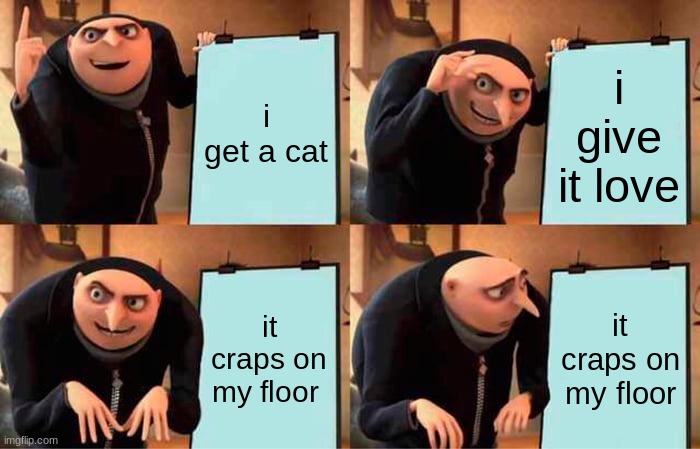 Gru's Plan | i get a cat; i give it love; it craps on my floor; it craps on my floor | image tagged in memes,gru's plan | made w/ Imgflip meme maker