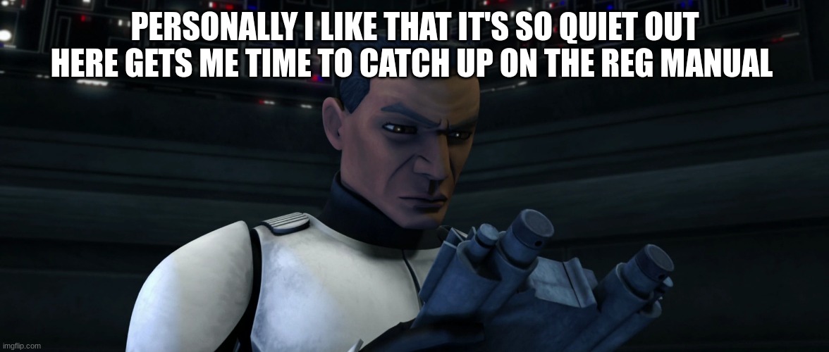 clone trooper | PERSONALLY I LIKE THAT IT'S SO QUIET OUT HERE GETS ME TIME TO CATCH UP ON THE REG MANUAL | image tagged in clone trooper | made w/ Imgflip meme maker