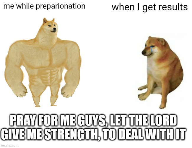 Buff Doge vs. Cheems Meme | me while preparionation; when I get results; PRAY FOR ME GUYS, LET THE LORD GIVE ME STRENGTH, TO DEAL WITH IT | image tagged in memes,buff doge vs cheems | made w/ Imgflip meme maker