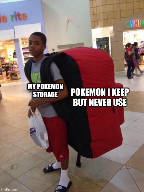 Too many pokemons | POKEMON I KEEP BUT NEVER USE; MY POKEMON STORAGE | image tagged in big backpack | made w/ Imgflip meme maker