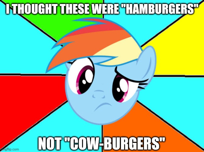 Joke on Hamburger's name | I THOUGHT THESE WERE "HAMBURGERS"; NOT "COW-BURGERS" | image tagged in rainbow dash confused,funny meme,rainbow dash,mlp fim,my little pony friendship is magic,mlp meme | made w/ Imgflip meme maker