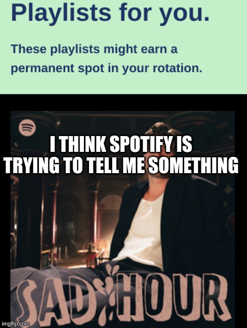 oof | I THINK SPOTIFY IS TRYING TO TELL ME SOMETHING | image tagged in sad,sad but true,when your sad you understand the lyrics,memes,spotify,lol | made w/ Imgflip meme maker