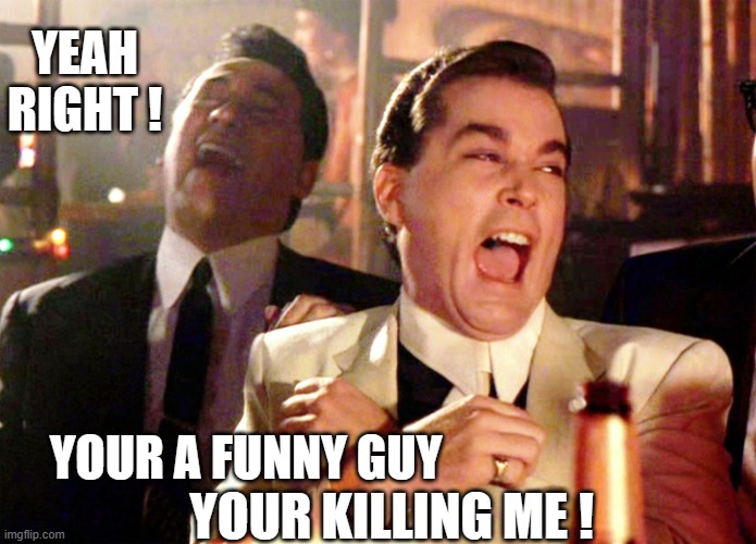 Two Laughing Men | YEAH RIGHT ! YOUR A FUNNY GUY YOUR KILLING ME ! | image tagged in two laughing men | made w/ Imgflip meme maker