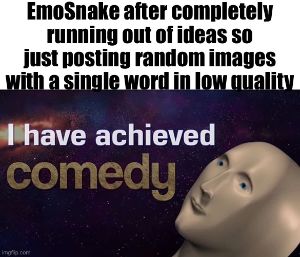 no hate to you emosnake congrats on your engagement | EmoSnake after completely running out of ideas so just posting random images with a single word in low quality | image tagged in i have achieved comedy | made w/ Imgflip meme maker