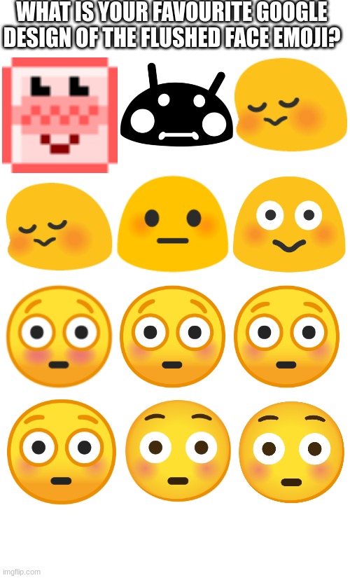 WHAT IS YOUR FAVOURITE GOOGLE DESIGN OF THE FLUSHED FACE EMOJI? | image tagged in emoji,emojis,android,google | made w/ Imgflip meme maker