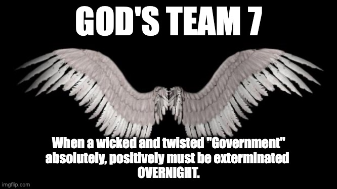 God's Team 7 | GOD'S TEAM 7; When a wicked and twisted "Government"
absolutely, positively must be exterminated 
OVERNIGHT. | image tagged in angel | made w/ Imgflip meme maker