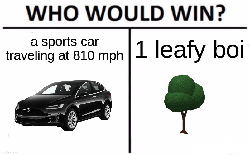 car games | a sports car traveling at 810 mph; 1 leafy boi | image tagged in memes,who would win | made w/ Imgflip meme maker