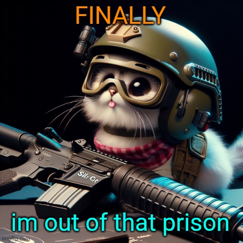 FINALLY; im out of that prison | image tagged in silly critter but ai generated | made w/ Imgflip meme maker