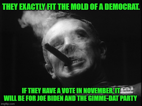 General Ripper (Dr. Strangelove) | THEY EXACTLY FIT THE MOLD OF A DEMOCRAT. IF THEY HAVE A VOTE IN NOVEMBER, IT WILL BE FOR JOE BIDEN AND THE GIMME-DAT PARTY | image tagged in general ripper dr strangelove | made w/ Imgflip meme maker