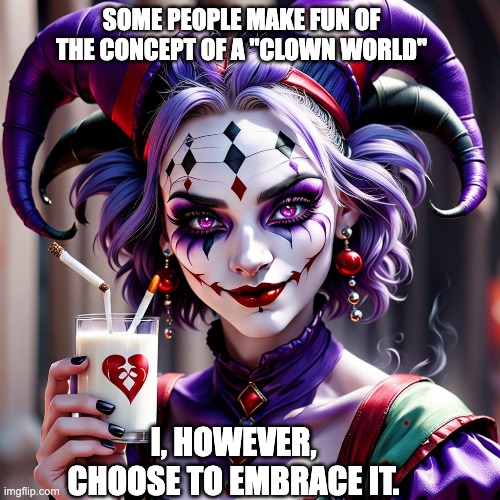 Clown World | SOME PEOPLE MAKE FUN OF THE CONCEPT OF A "CLOWN WORLD"; I, HOWEVER, CHOOSE TO EMBRACE IT. | image tagged in clown world,clown,jester,jestress,cute,cigarette | made w/ Imgflip meme maker