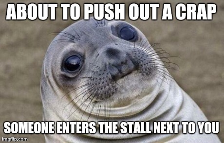 Awkward Moment Sealion | ABOUT TO PUSH OUT A CRAP SOMEONE ENTERS THE STALL NEXT TO YOU | image tagged in awkward sealion | made w/ Imgflip meme maker