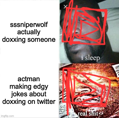 Youtube | sssniperwolf actually doxxing someone; actman making edgy jokes about doxxing on twitter | image tagged in memes,sleeping shaq | made w/ Imgflip meme maker