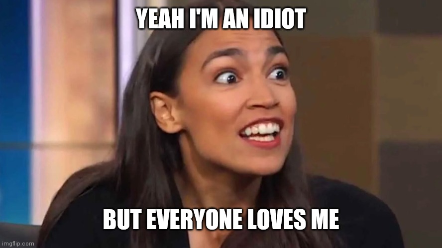 Aoc Idiot | YEAH I'M AN IDIOT; BUT EVERYONE LOVES ME | image tagged in crazy aoc | made w/ Imgflip meme maker