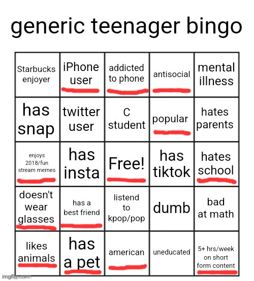 generic teenager bingo | image tagged in generic teenager bingo | made w/ Imgflip meme maker