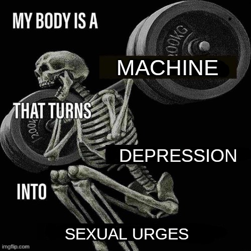 My body is a X that turns Y into Z | MACHINE; DEPRESSION; SEXUAL URGES | image tagged in my body is a x that turns y into z | made w/ Imgflip meme maker