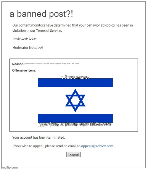 Moderation System | a banned post?! today; bqd; harrassment? how? It's just an Israeli flag and telling how I like Jews! | image tagged in moderation system | made w/ Imgflip meme maker