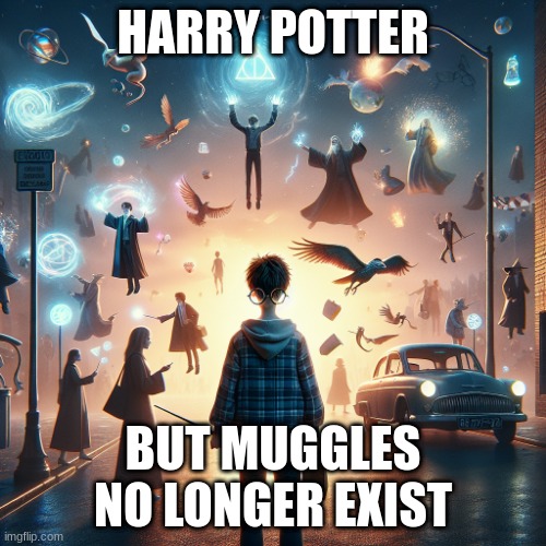 Where did the muggles go? | HARRY POTTER; BUT MUGGLES NO LONGER EXIST | image tagged in magic,harry potter | made w/ Imgflip meme maker