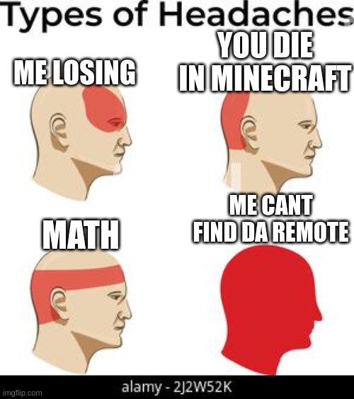 Types of Headaches | YOU DIE IN MINECRAFT; ME LOSING; MATH; ME CANT FIND DA REMOTE | image tagged in types of headaches | made w/ Imgflip meme maker
