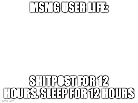Blank White Template | MSMG USER LIFE:; SHITPOST FOR 12 HOURS. SLEEP FOR 12 HOURS | image tagged in blank white template | made w/ Imgflip meme maker