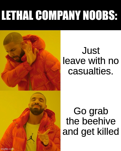 Pub lobby moment | LETHAL COMPANY NOOBS:; Just leave with no casualties. Go grab the beehive and get killed | image tagged in memes,drake hotline bling | made w/ Imgflip meme maker