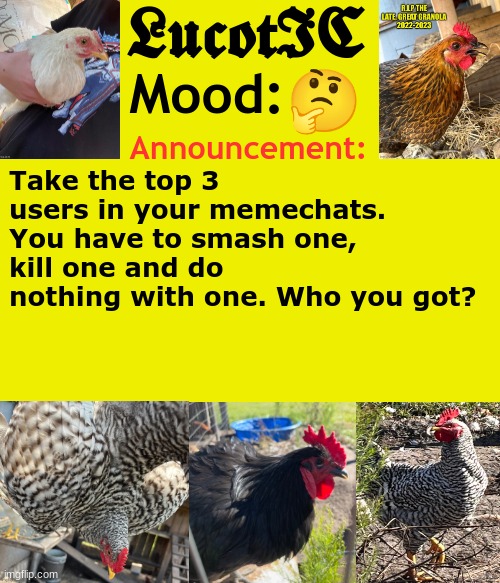 . | 🤔; Take the top 3 users in your memechats. You have to smash one, kill one and do nothing with one. Who you got? | image tagged in lucotic's cocks announcement template | made w/ Imgflip meme maker