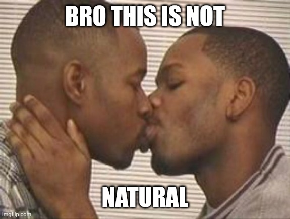 2 gay black mens kissing | BRO THIS IS NOT NATURAL | image tagged in 2 gay black mens kissing | made w/ Imgflip meme maker