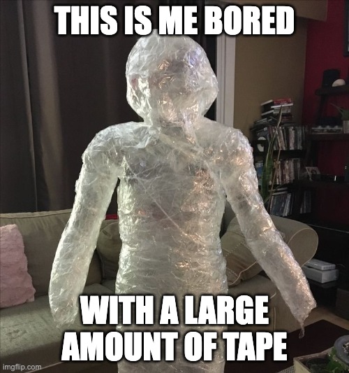 wrapped in tape meme | THIS IS ME BORED; WITH A LARGE AMOUNT OF TAPE | image tagged in tape,wrapped | made w/ Imgflip meme maker