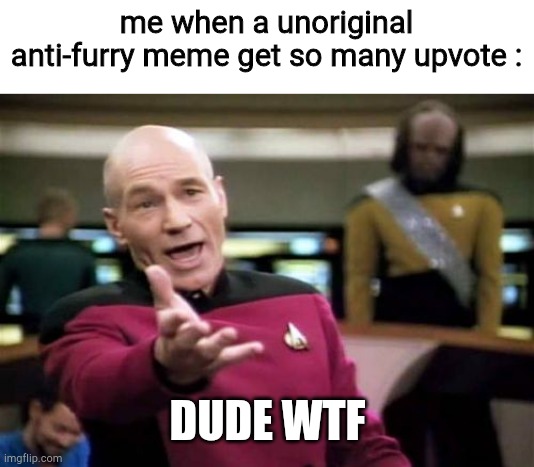 it's just idiotic | me when a unoriginal anti-furry meme get so many upvote :; DUDE WTF | image tagged in memes,picard wtf | made w/ Imgflip meme maker