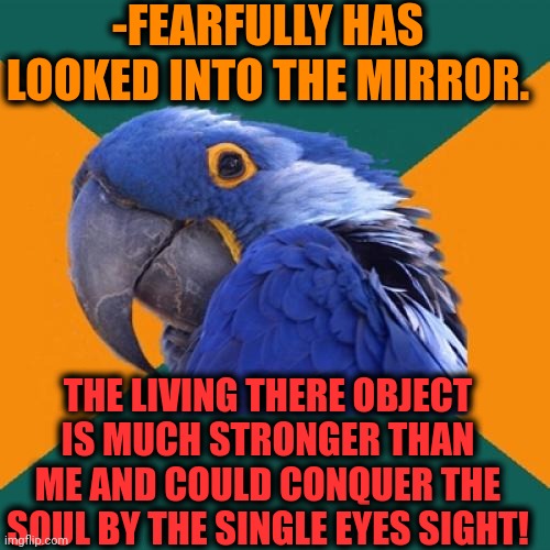 -Who am I really? | -FEARFULLY HAS LOOKED INTO THE MIRROR. THE LIVING THERE OBJECT IS MUCH STRONGER THAN ME AND COULD CONQUER THE SOUL BY THE SINGLE EYES SIGHT! | image tagged in memes,paranoid parrot,pointing mirror guy,i fear no man,ah yes enslaved,see nobody cares | made w/ Imgflip meme maker