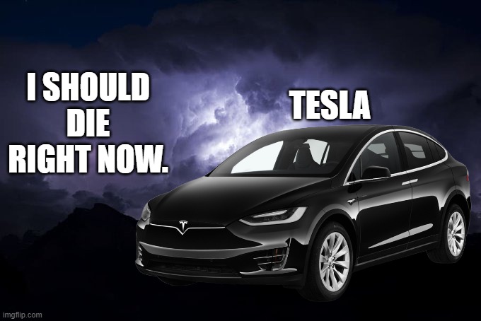 Low Tier God Background | I SHOULD DIE RIGHT NOW. TESLA | image tagged in low tier god background | made w/ Imgflip meme maker