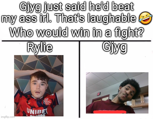 His ass did NOT just say that | Gjyg just said he'd beat my ass irl. That's laughable 🤣; Who would win in a fight? Gjyg; Rylie | image tagged in memes,who would win | made w/ Imgflip meme maker