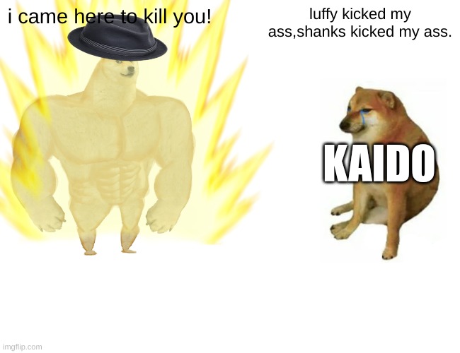 kaido getting beaten | i came here to kill you! luffy kicked my ass,shanks kicked my ass. KAIDO | image tagged in memes,buff doge vs cheems | made w/ Imgflip meme maker