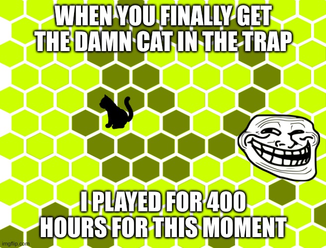 This damn cat game | WHEN YOU FINALLY GET THE DAMN CAT IN THE TRAP; I PLAYED FOR 400 HOURS FOR THIS MOMENT | image tagged in cats,cat,funny cat memes | made w/ Imgflip meme maker
